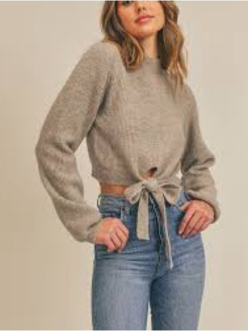 Hollister Light Gray Ribbed Tie-Front Crew Sweater